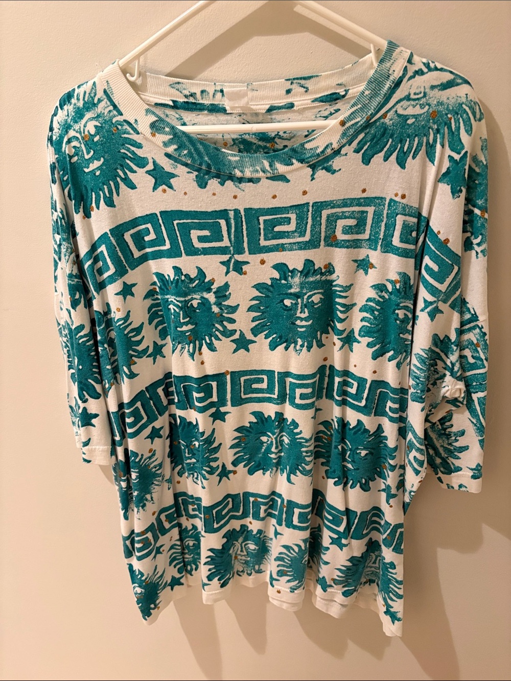 Alfred Dunner White Top with Teal Sun & Greek Key Print
